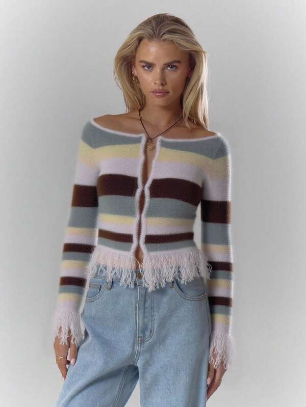 MUSERA Suéter de punto con cuello de barco a rayas, botones y ribete de pelo largo, acogedor y elegante para otoño, fiestas, cenas y Navidad