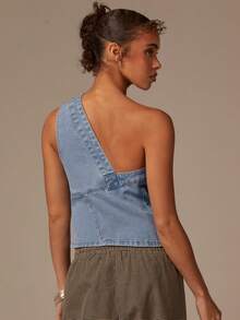 Athîral 女士休闲单肩牛仔背心，新年必备，单肩牛仔背心，单肩上衣，牛仔上衣，新年 - 藍色 - 查看 2