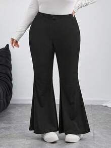 SHEIN CURVE+ Plus-Size High-Elasticity, Belly-Controlling, Tight-Fitting Flared Women's Pants - Black - View 5