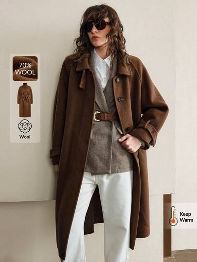 Ontre Palton lung de lână cu mânecă raglan, cu buzunar lateral, pentru femei, primăvară/vară, nou, 2026