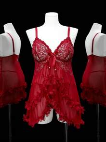 2pcs Plus Size Lace Contrast Mesh Lingerie Set - Red - View 7