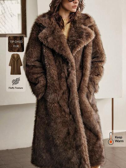 Ontre 2026 Spring/Summer New Women Faux Fur Coat, Deep Coffee, Brown, Lapel Collar Long Sleeve, Faux Fur Coat, Suitable For Valentine's Day, Holiday Party, Minimalist Elegant Urban Chic Versatile Women Faux Fur Coat, Women Spring/Summer Solid Color Mottled Collar Long Sleeve Loose Long Casual Faux Fur Coat