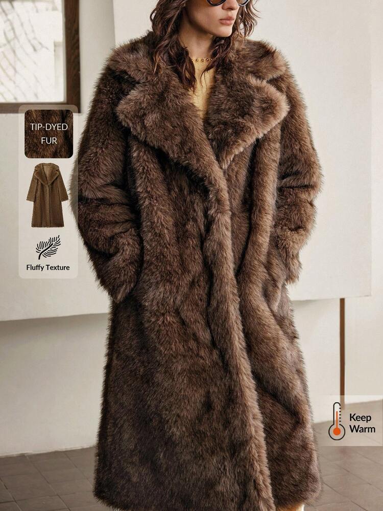 2026 Spring/Summer New Women Faux Fur Coat, Deep Coffee, Brown, Lapel Collar Long Sleeve, Faux Fur Coat, Suitable For Valentine's Day, Holiday Party, Minimalist Elegant Urban Chic Versatile Women Faux Fur Coat, Women Spring/Summer Solid Color Mottled Collar Long Sleeve Loose Long Casual Faux Fur Coat
