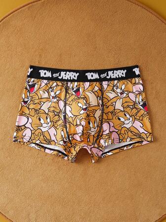 TOM & JERRY X SHEIN 1pc Men's Soft Breathable Mouse Print Letter Tape Trunks Cartoon Boxers Cute Boxers Graphic Boxers Funny Boxers