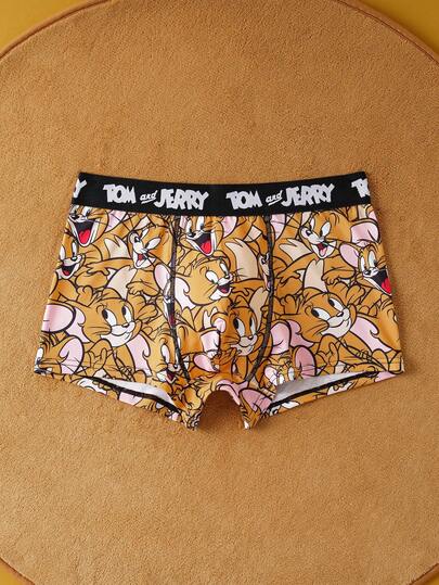 TOM & JERRY X SHEIN 1pc Men's Soft Breathable Mouse Print Letter Tape Trunks Cartoon Boxers Cute Boxers Graphic Boxers