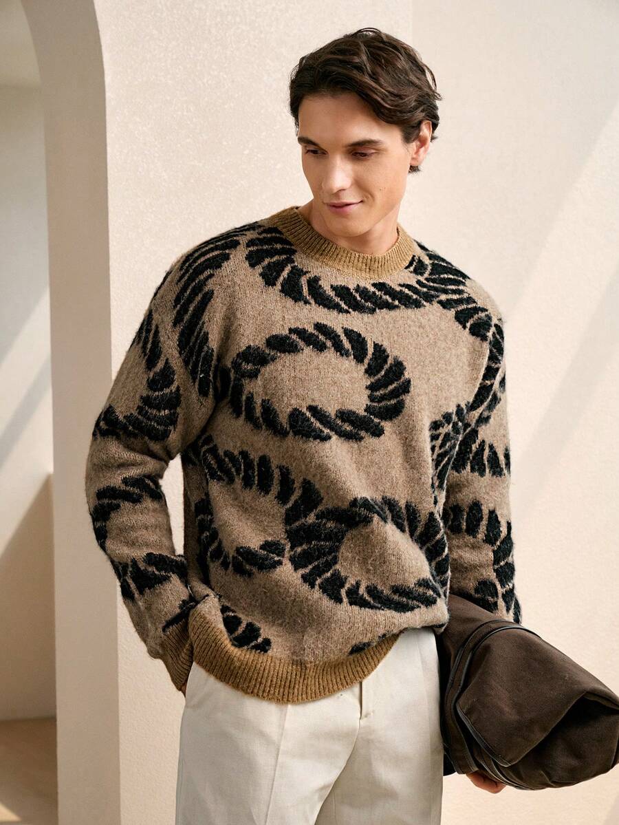 RONVEXI Men's Fashionable Black Colorblock Pattern Brown Knit Sweater,Autumn Autumn/Winter Casual Clothes For Date,Parties,Offices,Homes,Commutes,Outdoor - Apricot - View 1