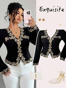 Elenzga Áo sơ mi nữ cổ chữ V tay dài màu tương phản, trang trí nhún bèo hàng ngày theo phong cách Âu Mỹ thanh lịch, tinh tế, thích hợp cho Halloween, lễ hội âm nhạc, đi chơi, hẹn hò, mua sắm, giải trí và các dịp khác - màu đen - Xem 4