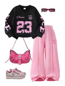 SHEIN Explorewe 2 件套女童休闲时尚 23 号印花长袖运动衫和粉色裤子，秋冬时尚甜美少女休闲装 - 黑色 - 查看 4