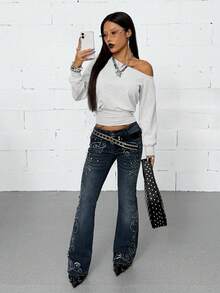 Coolane Women's Winter Clothes Streetwear Going Out Minimalist Daily Wear Essentials Fashion Asymmetrical Neck Grey Fitted Sweatshirt - Light Grey - View 2