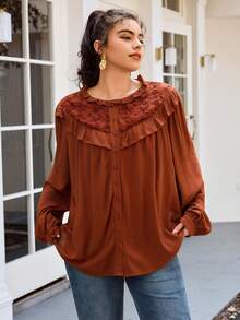 SHEIN Frenchy Plus Size Women Ruffle Hem Blouse, Casual Commuter Shirt Thanksgiving - Rust Brown - View 4