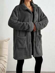 SHEIN Tall Front Pocket And Button Detailed Hooded Very Cozy And Soft Faux Fur Women Coat - Dark Grey - View 4