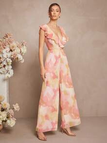 L'Amorae Casual Women's Floral Ruffle Chiffon Sleeveless Jumpsuit - Pink - View 1