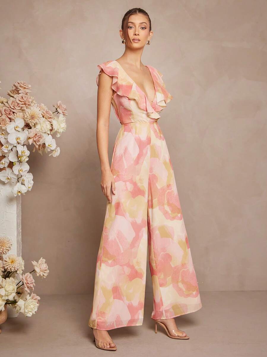 L'Amorae Casual Women's Floral Ruffle Chiffon Sleeveless Jumpsuit - Pink - View 1