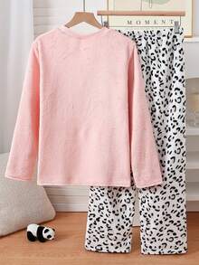 Ensemble de pyjama pour adolescentes comprenant un sweat-shirt en peluche rose avec panda brodé et un pantalon en peluche léopard épais et confortable à manches longues - Rose bonbon - Voir 2