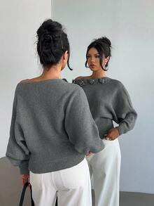 Elenzga Women's Elegant Floral Rhinestone Decor Asymmetric Shoulder Knit Sweater - Grey - View 2