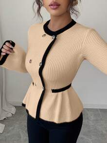 Elenzga Women's Elegant Round Neck Front Button Design Contrast Color Sweater - Khaki - View 7