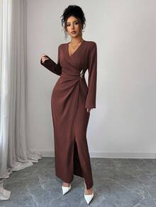 Elenzga 女式重叠 V 领长袖金属装饰褶皱优雅连衣裙 - 棕色 - 查看 7