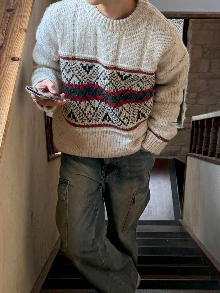 Men's Textured Jacquard Christmas Pattern Crew Neck Sweater, Autumn/Winter