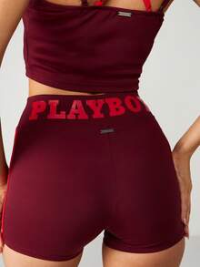 Missguided x Playboy Quần short thể thao cạp cao Giáng sinh có sọc tương phản ở hai bên và logo thương hiệu - Gỗ đỏ - Xem 4