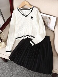 青少年女孩毛衣套装，长袖 V 领毛衣和黑色百褶裙，校园风格服装，适合春季、秋季和冬季 - 黑與白 - 查看 9