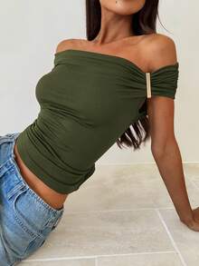 Aloruh Military Green Off Shoulder Knit T-Shirt, Summer - Army Green - View 4