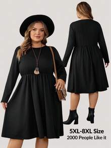 SHEIN CURVE+ Vestido casual de manga larga con cuello redondo y bolsillo, talla grande, para otoño