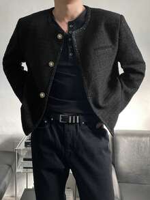 DAZY Men's Solid Color Textured Fabric Short Jacket, Autumn/Winter - Black - View 1