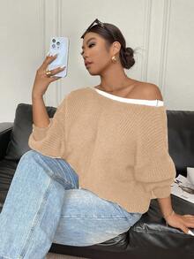 Elenzga Plus Size Women Casual Bowknot Crew Neck Long Sleeve Sweater, Autumn/Winter - Apricot - View 6