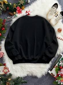 Manfinity RelaxMax 男士宽松圣诞老人舒适小屋假日标语黑色抓绒针织套头卫衣，秋冬款 - 黑色 - 查看 5