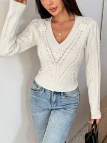 SHEIN Unity French Casual Crochet V-Neck Women's Long Sleeve Pullover Sweater, Autumn/Winter - White - View 4