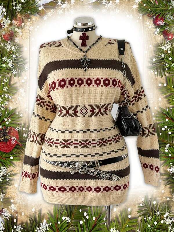 Sunspun Christmas Plus Size Women Casual Loose Vintage Jacquard Knit Sweater Dress, Autumn/Winter