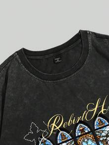 GENIUS ODE 大码男士休闲时尚街头耶稣标语印花落肩宽松水洗 T 恤，夏季 - 黑色 - 查看 4