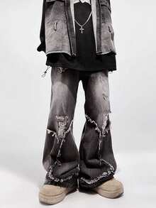 ROMWE MEN Grunge Punk Men's KPOP Casual Lace-Up Pocket Distressed Jeans, School, Grunge