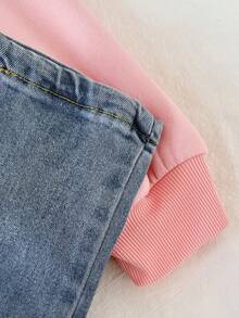 SHEIN 少女休闲时尚可爱粉色蝴蝶结刺绣卫衣 - 粉色 - 查看 7