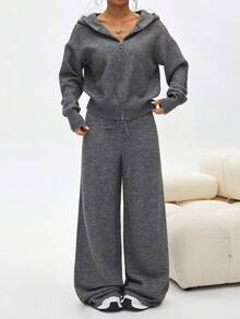SHEIN Unity Nuevo conjunto de 2 piezas de moda para otoño/invierno: sudadera con capucha con cremallera gris y pantalones rectos de pierna ancha adelgazantes - Café integral - Ver 5