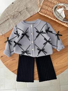 SHEIN LMoss Kids LMoss Baby Girl Baby Girl Cute Pink Bowknot Knitted Cardigan With Elastic Waist Black Pants Sweater Set, Autumn/Winter - Light Grey - View 8