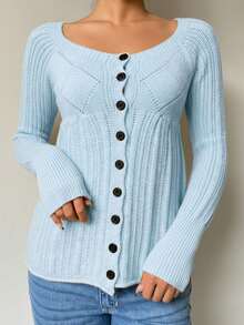 SHEIN EZwear Women's Regular Solid Color Round Neck Front Button Long Sleeve Cardigan In Fall/Winter - Baby Blue - View 6