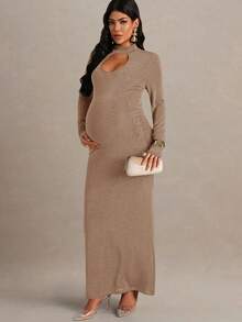 MaterniChic Maternity Solid Beige Long Sleeve Hollow Out Fitted Elegant Dress For Pregnant Women,Autumn Evening Pregnancy Dress For Photoshoot - Khaki - View 5