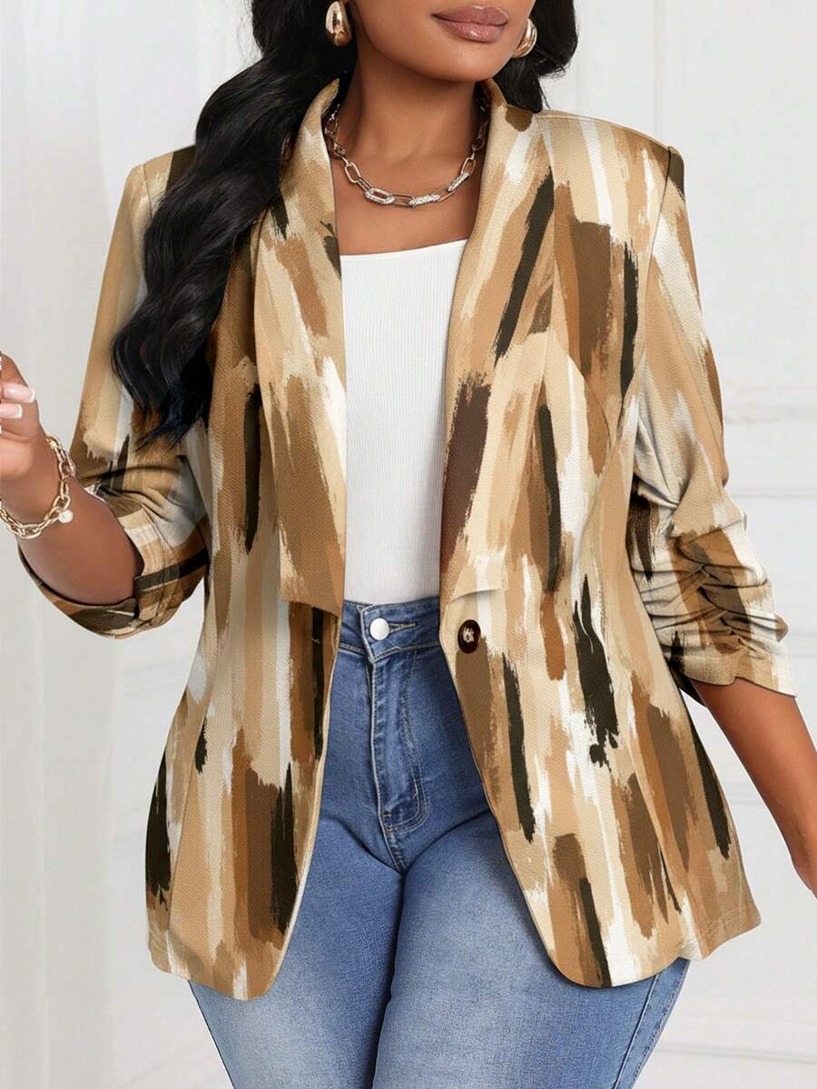 SHEIN Lady 秋冬优雅粉色针织新品加大码蓬松外套秋季女装秋季服装圆领 - 卡其色 - 查看 1