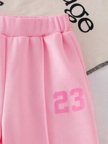 SHEIN Explorewe 2 件套女童休闲时尚 23 号印花长袖运动衫和粉色裤子，秋冬时尚甜美少女休闲装 - 黑色 - 查看 7