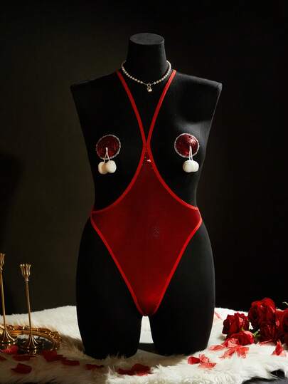 SpicyHot 圣诞大码性感内衣套装：1 件连体丝袜 + 2 件乳贴