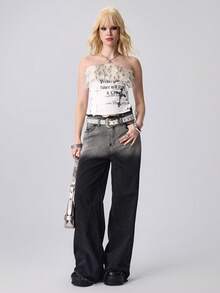 ROMWE Grunge Punk Top tubo de mujer con estampado de letras, decoración de cruz con tachuelas, encaje lateral y diseño romántico punk retro con pelaje, para otoño/invierno como prenda de capa - Beis - Ver 9