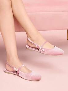 CUCCOO DOLLMOD 女士莲藕粉色丝绒搭扣时尚可爱舒适平底鞋 - 藕粉色 - 查看 4