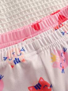 2pcs Baby Girl Snug Fit Ribbed Knit Long Sleeve Romper & Pants Set With Cute Animal Head & Heart Patterns - Multicolor - View 8