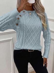 EMERY ROSE Women's Casual Button Design Round Neck Raglan Sleeve Sweater, Autumn/Winter - Baby Blue - View 4