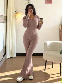 SHEIN PETITE 2 件套女式休闲连帽运动衫，带口袋和罗纹喇叭裤套装，适合日常穿着，秋冬 - 淺粉色 - 查看 7