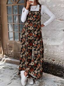 EMERY ROSE Plus Size Casual Leaf Print Loose Wide Leg Jumpsuit, Autumn