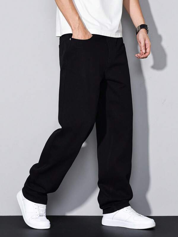 Manfinity Homme Jeans casuales versátiles de unicolor, bolsillo y corte recto para hombres