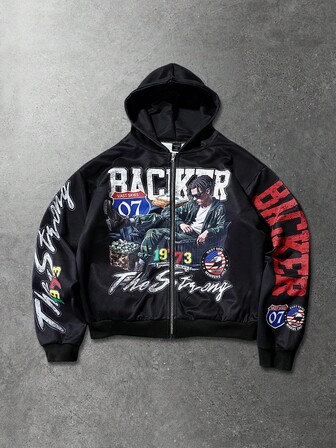 Street Life sweat-shirt à capuche zippé avec imprimé graphique de rue pour homme, convient pour un port quotidien, automne/hiver