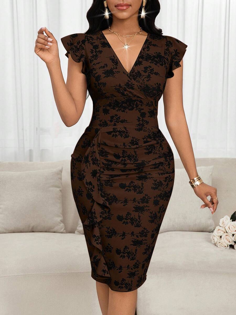 SHEIN Lady 女式 V 领花卉印花荷叶边优雅中长连衣裙女式连衣裙中长连衣裙女式服装连衣裙 - 棕色 - 查看 1